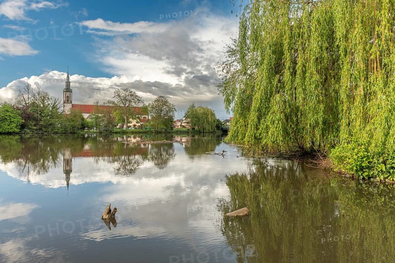 Huttenheim village reflected in a natural tree-lined river in spring. Bas Rhin, Alsace, France, Europe