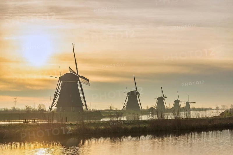 Dutch Windmill sunrise landscape at Kinderdijk Village Netherlands