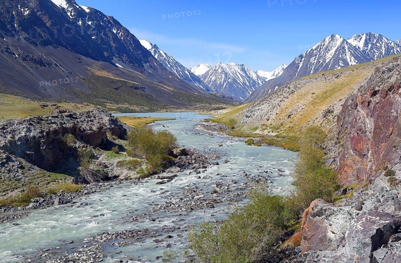 Mountain landscape with river in Altay, Russia, Europe