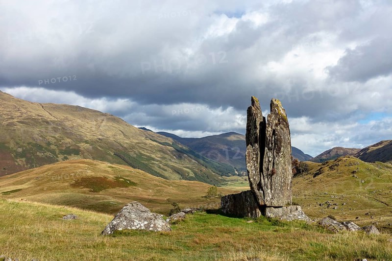 Fionn's Rock, also Praying Hands of Mary, according to legend split by Celt Fingal, also Fionn mac Cumhaill, rock formation, Aberfeldy, Highlands, Scotland, Great Britain