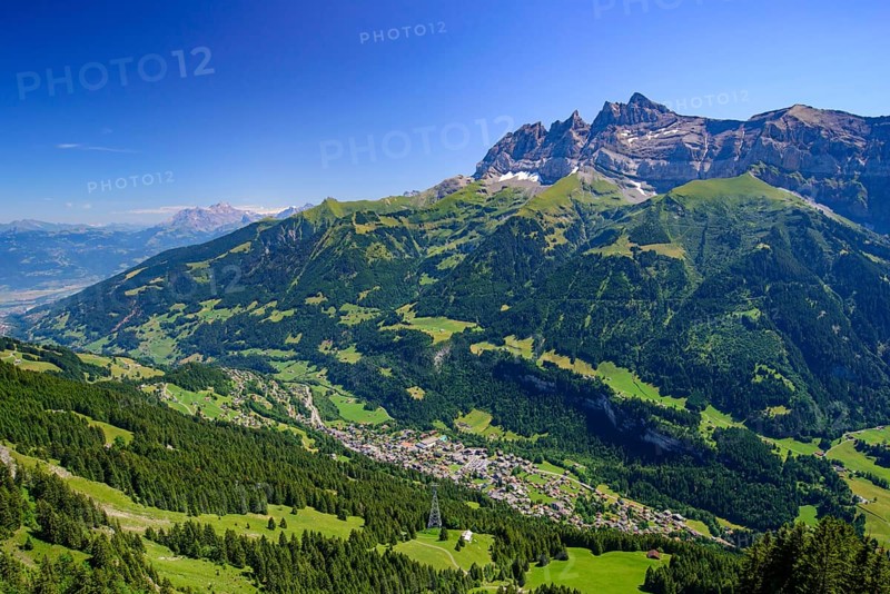 View of Champéry in summer, a town in Alps in Switzerland