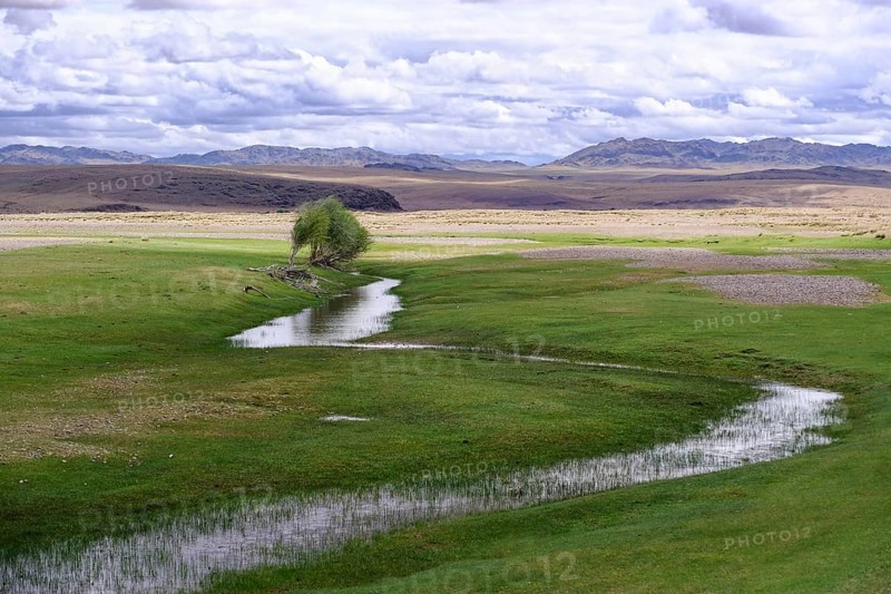 Mongolian landscape with mountain steppe and river. Western Mongolia