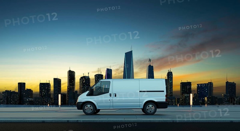 Delivery van park on a city roadside at sunrise in front of a modern cityscape. 3d illustration