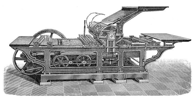 Historical illustration, 19th Century, Industrial Collotype printing press, Druckmaschine, Schnellpresse für Lichtdruck, historische Zeichnung, 19. Jahrhundert