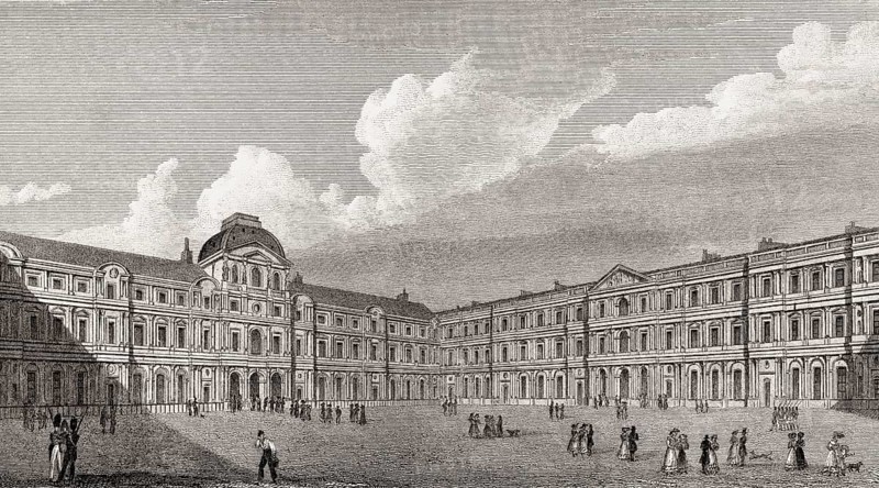 The Louvre Museum, Paris, antique steel engraved print, 1831