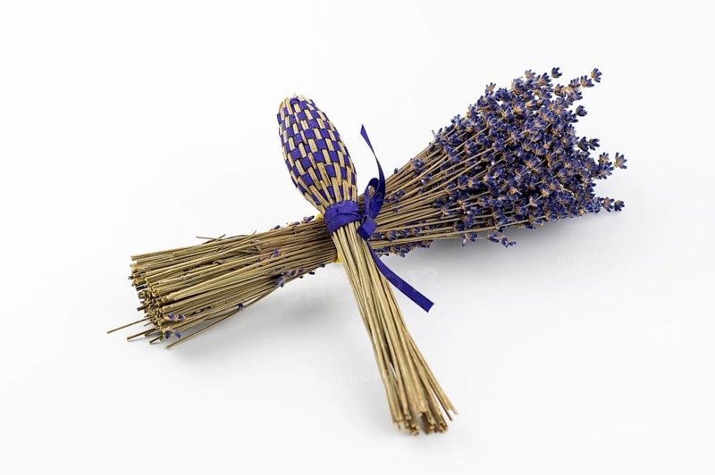 Dried lavender (Lavandula) flowers and handmade lavender wand isolated on white background