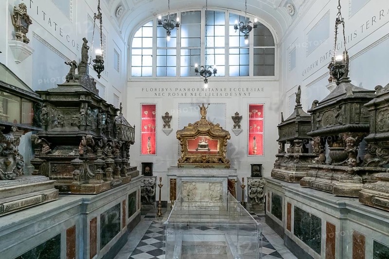 Palermo, Italy, 13 January, 2024: sarcophagi and urns in a side chapel in the Palermo Cathedral, Europe