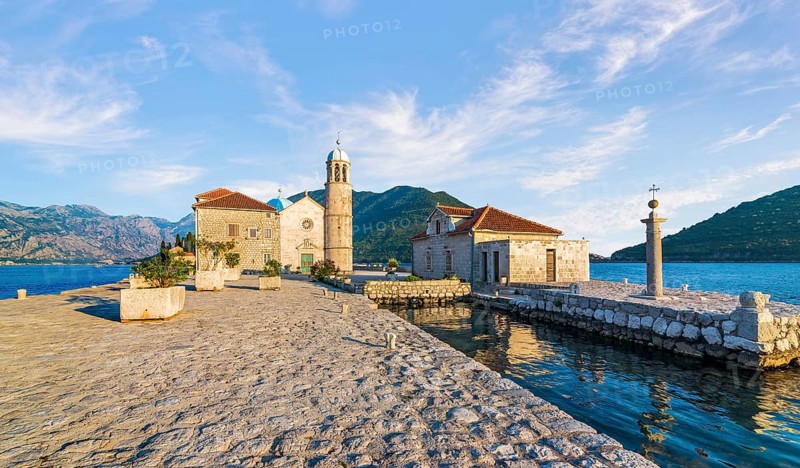 Church of Our Lady on island near Perast at sunset, Montenegro, Europe