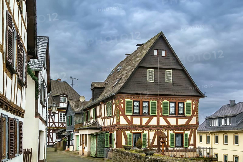 Street with Historic half-timbered houses in Braunfels old town, Germany, Europe