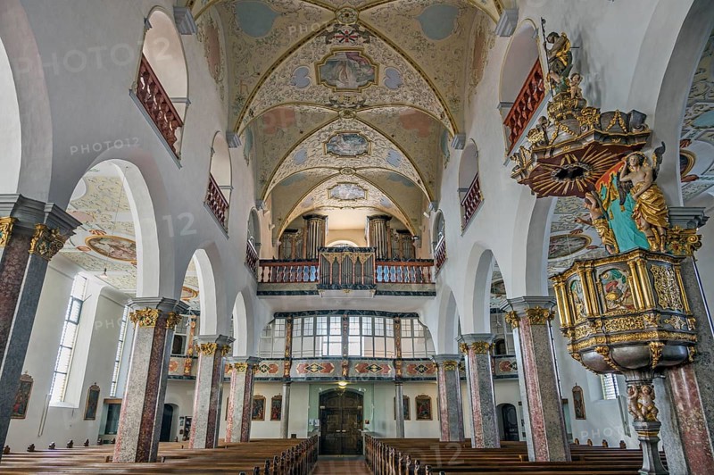 Nave with organ loft and pulpit, former collegiate church of St Peter, a Roman Catholic parish church, Bad forest lake, Upper Swabia, Baden-Württemberg