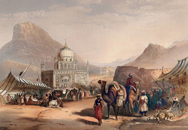 Open-air market outside the temple of Shah Ahmed, Kandahar, Afghanistan. Coloured lithograph by R. Carrick after Lieutenant James Rattray, c. 1847