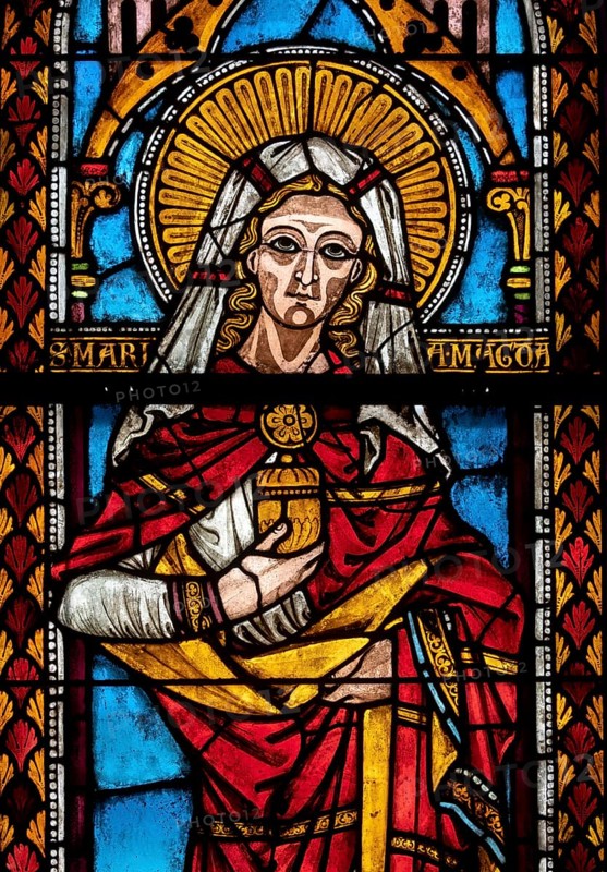 Freiburg im Breisgau, Cathedral of Our Lady, interior, Romanesque three-window group in the north transept: Mary Magdalene on the right, detail