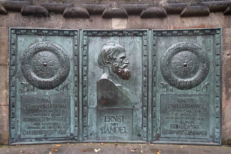 Detmold, Hermannsdenkmal, built 1838 - 1875 according to designs by Ernst von Bandel and inaugurated on 16 August 1875, commemorative plaque