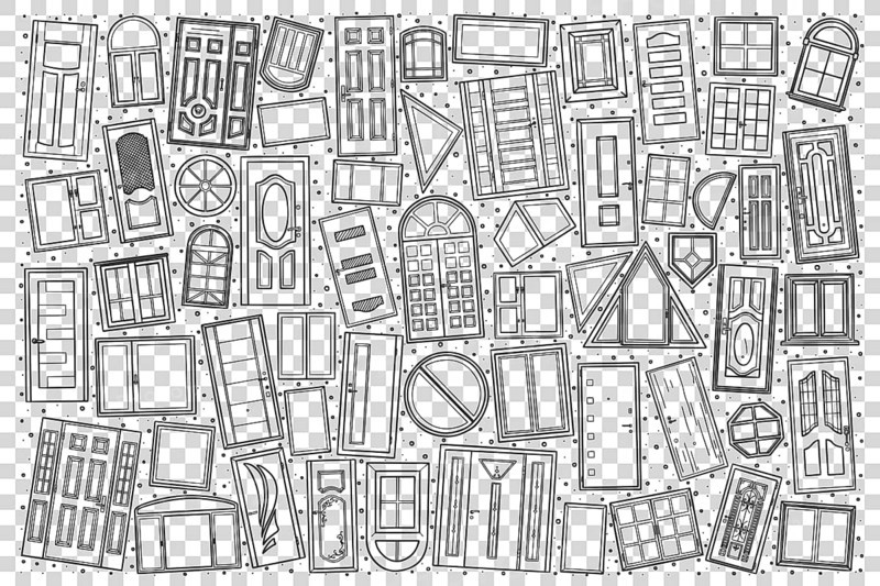 Windows and doors doodle set. Collection of and drawn sketches templates patterns of different size window frames and entrances of buildings on transparent background. Architecture and outdoor design
