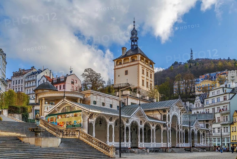Castle Tower and Market Colonnade in the historical center of Karlovy Vary, Czech republic
