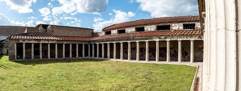 OPLONTIS, ITALY, MAY 03, 2022, Garden and colonnade of the ancient Roman Villa Oplontis near Pompeii, Italy, Europe