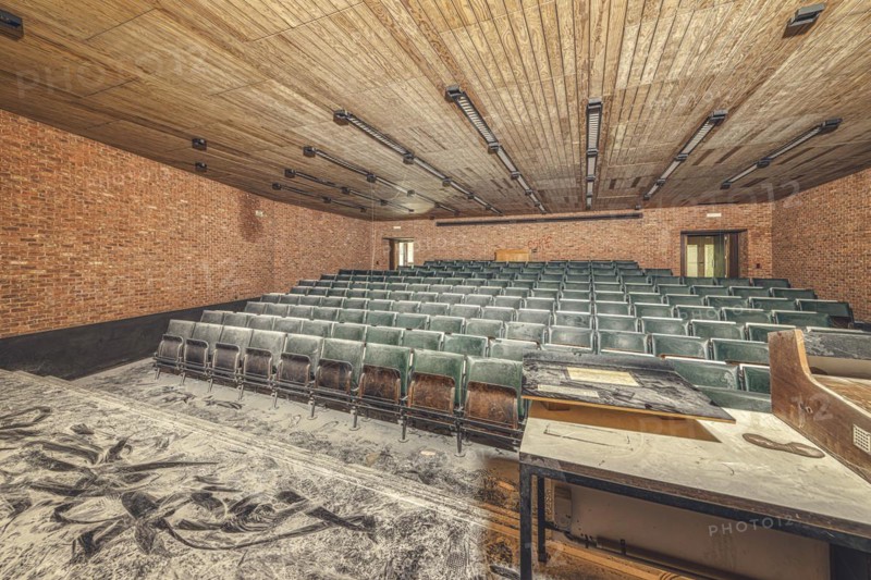 Dilapidated lecture theatre, its floor covered with rubble and dust, Institute of Molecular Biology, Lost Place, Sint-Genesius-Rode, Province of Flemish Brabant, Belgium, Europe
