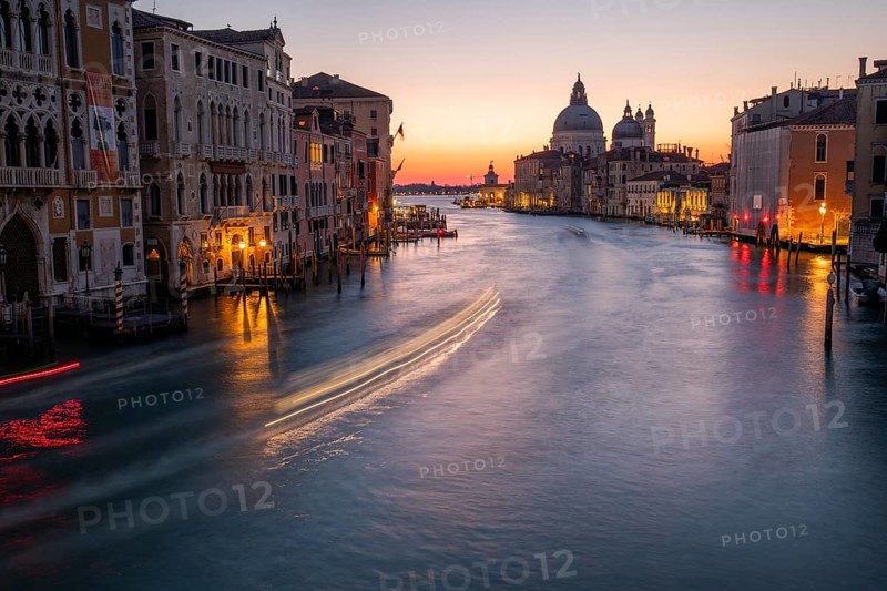 Morning atmosphere in front of sunrise, view of the Grand Canal from the Ponte dell' Accademia, Basilica Maria della Salute in the background, long exposure, Venice, Italy, Europe