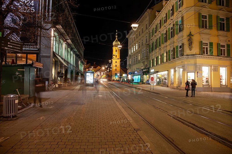 Illuminated church tower of the Franciscan Church, night shot, Graz, Styria, Austria, Europe