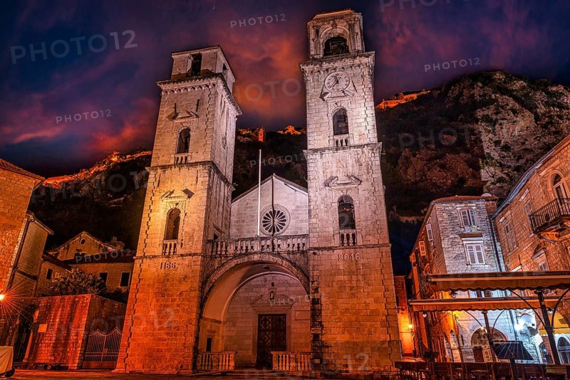 Dramatic sky over Saint Tryphon Cathedral in Kotor, Montenegro, Europe