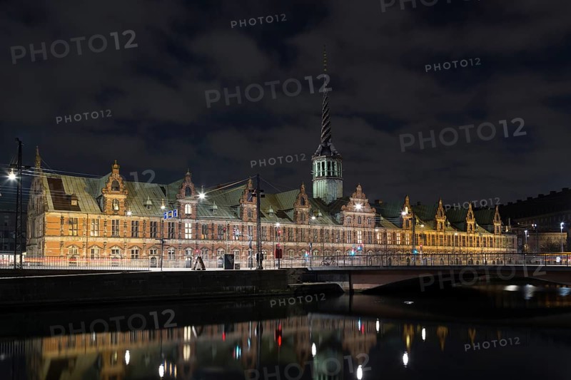 Copenhagen, Denmark, March 22, 2016: The Copenhagen stock exchange building by night, Europe