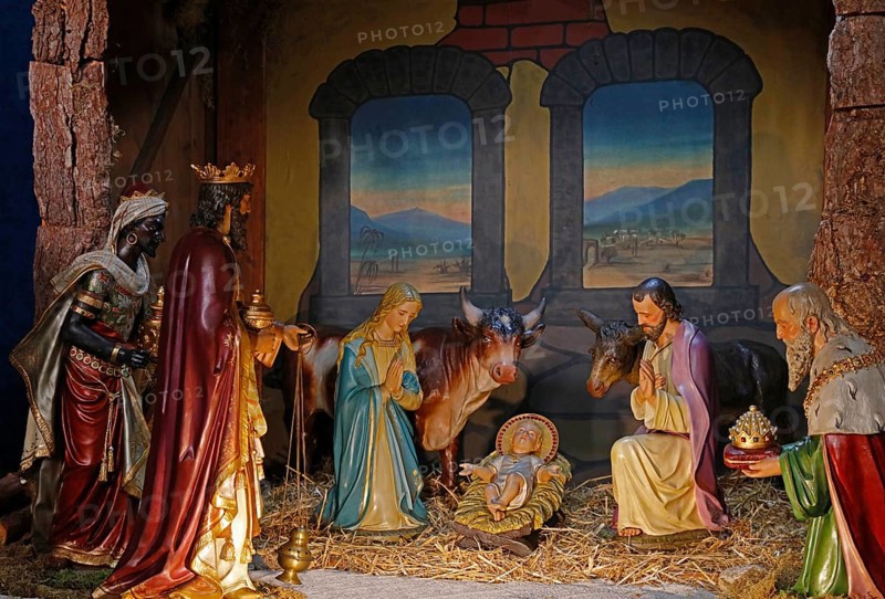 Christmas cot, Holy Family, Three Wise Men, Parish Church of St Peter and Paul, Dieburg, Hesse, Germany, Europe