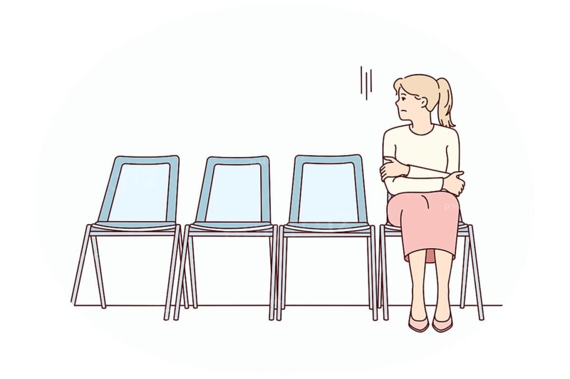 Anxious young woman sit on chair in corridor waiting or appointment. Stressed female feel worried wait in line in hallway. Vector illustration