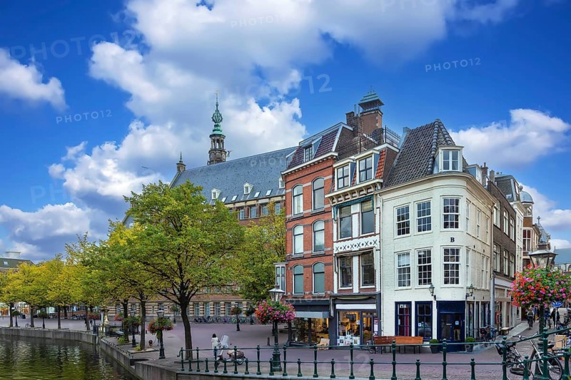 Embankment of the canal in Leiden city center, Netherlands