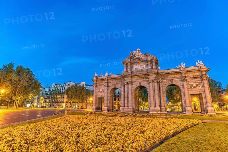 Madrid Spain, night city skyline at Puerta de Alcala