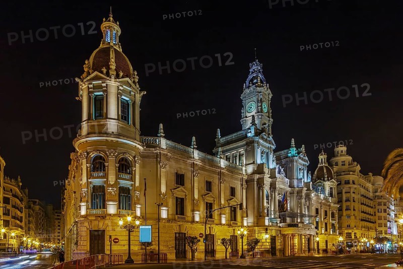 Valencia Town Hall (Ayuntamiento de Valencia) built in an eclectic style, Spain. Evening