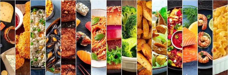 Food collage layout. A variety of dishes, a collection for a restaurant banner. International cuisine. Burger, salad and plates of Italian, Mexican, American cooked meals, Food photography, Food photography