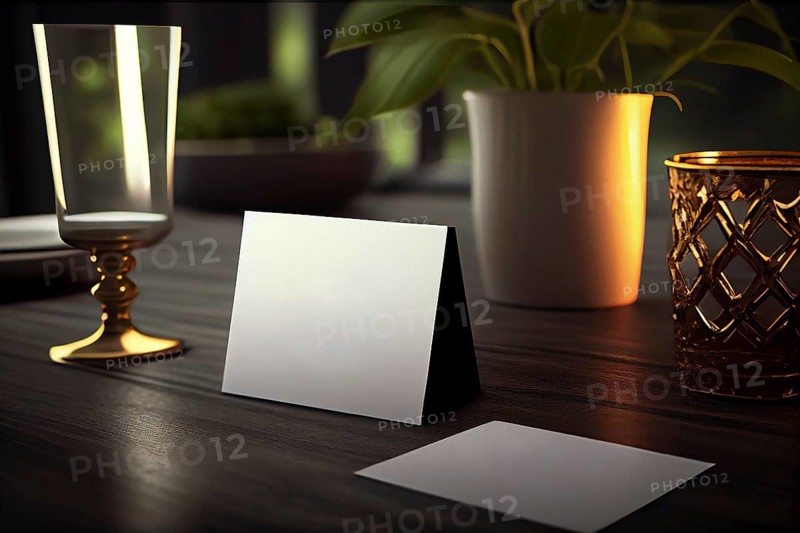 Blank paper table card on wooden table over bar blurry background