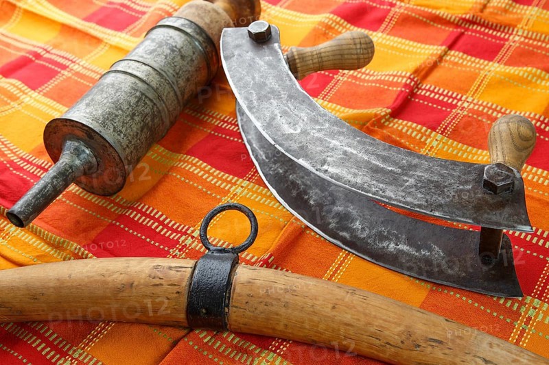 Old kitchen tools for the production of meat products, sausages