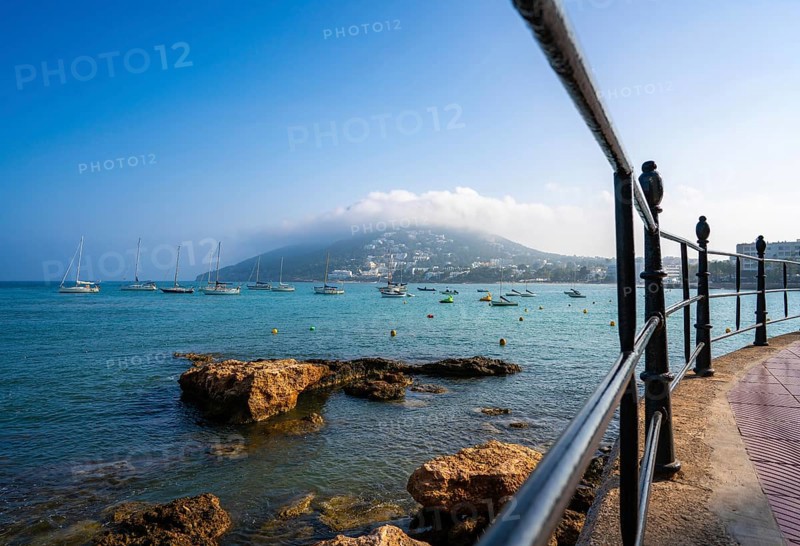 Ibiza Santa Eulalia town beach in Mediterranean Balearic Islands of Spain
