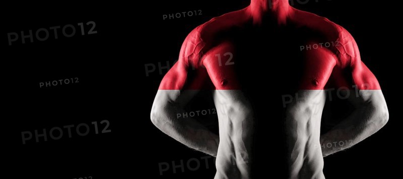 Monaco flag on muscled male torso with abs, black background