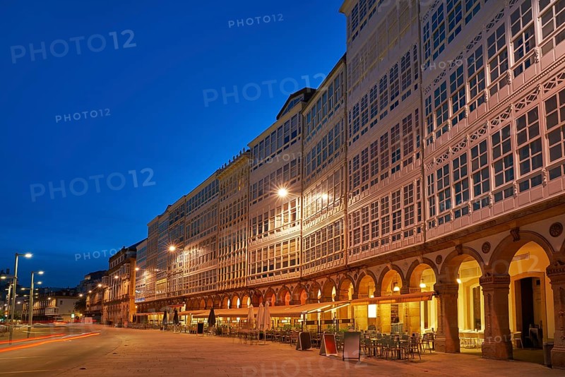 La Coruna facades sunset near Port in Galicia of Spain