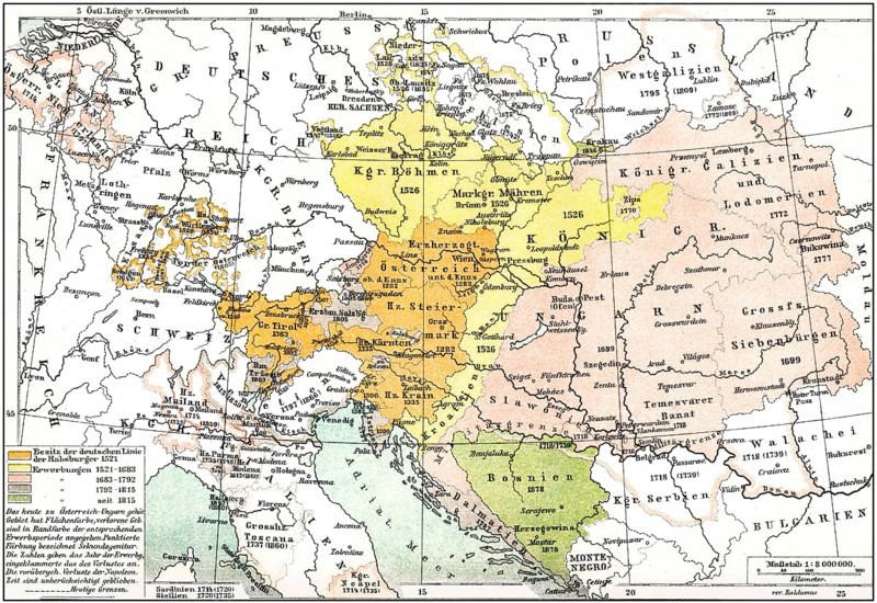 Historical map of Austria-Hungary, Dual Monarchy or kuk monarchy, for the period between 1867 and 1918, 19th Century, Historische Landkarte von Österreich-Ungarn, k. u. k. Doppelmonarchie oder Donaumonarchie, für den Zeitraum zwischen 1867 und 1918
