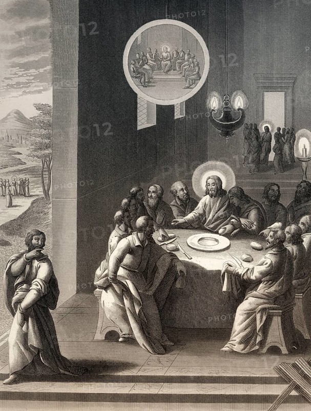 Judas Iscariot retiring from the Last Supper, New Testament, steel engraving 1853, digitally restored