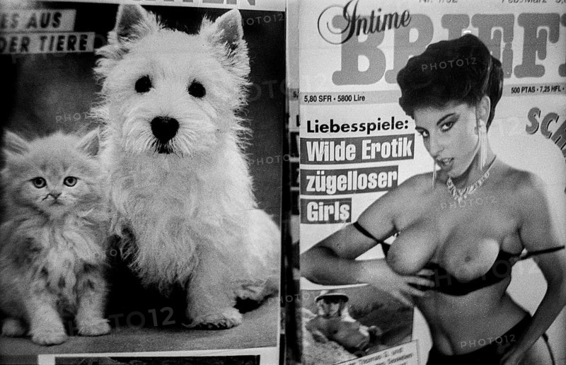 Germany, Berlin, 14/02/1992, Magazine kiosk in the underground station (Leopoldplatz), dog, cat and woman ... (Wild eroticism, licentious girls), Europe