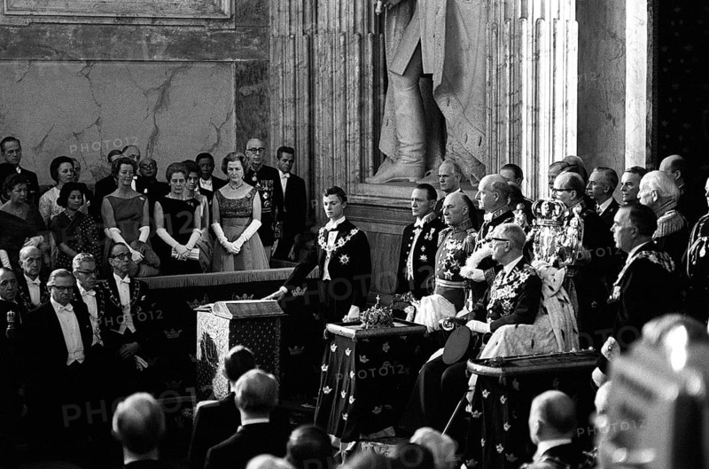 Carl XVI Gustaf, King of Sweden. Born 30 april 1946. Pictured when attending the ceremonial opening of the swedish parliament 1966. King Gustaf VI Adolf in the center sitting in a throne, from where he made his speach to the parliament