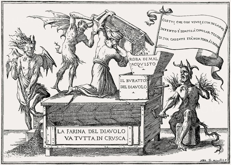 Allegory of avarice, devil's flour is all in bran, 1688, by Giuseppe Maria Mitelli, 1634, 1718