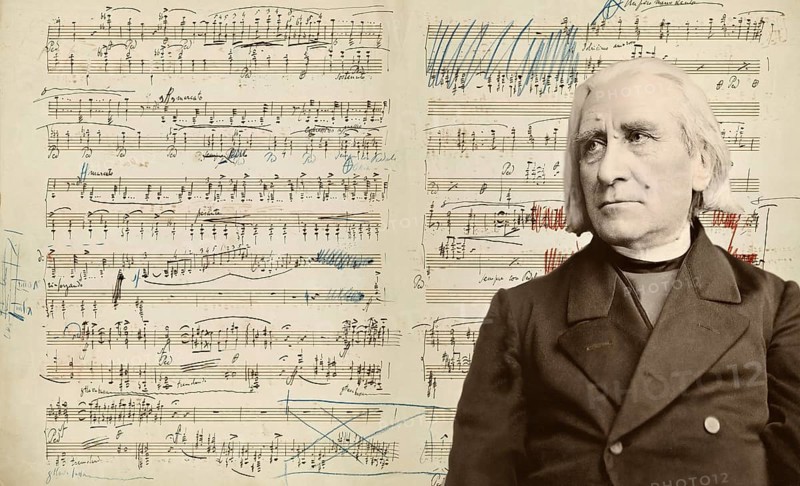 Portrait of Franz Liszt, 1811-1886, Hungarian composer, virtuoso pianist, Années de pèlerinage, suite for solo piano, manuscript in Liszt's handwriting