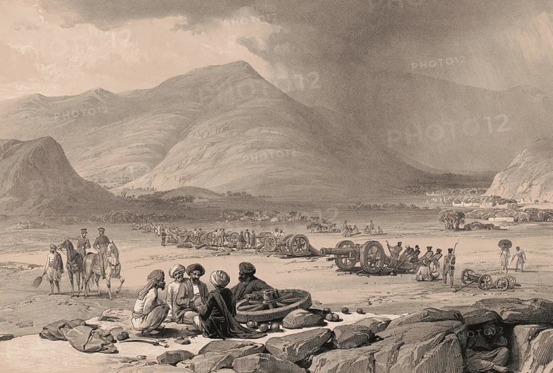 Afghan civilians, examine cannons after the escape of Dost Mohammed near Arghandeh, Afghanistan, First Anglo-Afghan War, sketch by James Atkinson, 1839, Asia
