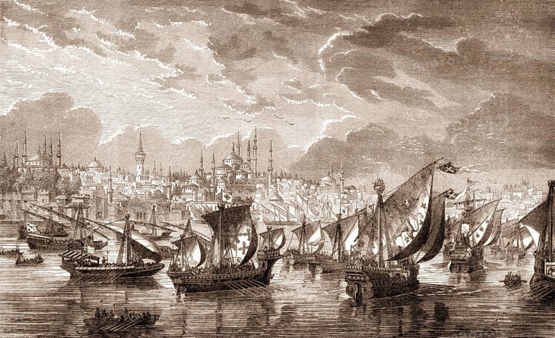 The fleet of the crusaders in front of Constantinople during the Fourth Crusade in 1203, Riva river, Turkey, Asia