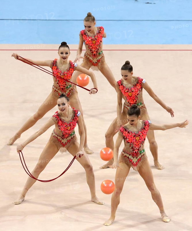 Sofia, Bulgaria - 1 April, 2018: Team Russia performs with balls and ropes during Rhythmic Gymnastics World Cup Sofia 2018. Group tournament
