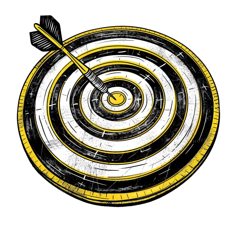 Black and yellow target with a dart hitting the bullseye, detailed illustration