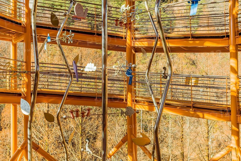Daejeon, South Korea, December 15, 2019: Sculpture of nature figurines installed in center of Sky Tower at Jangtae mountain national park, Asia