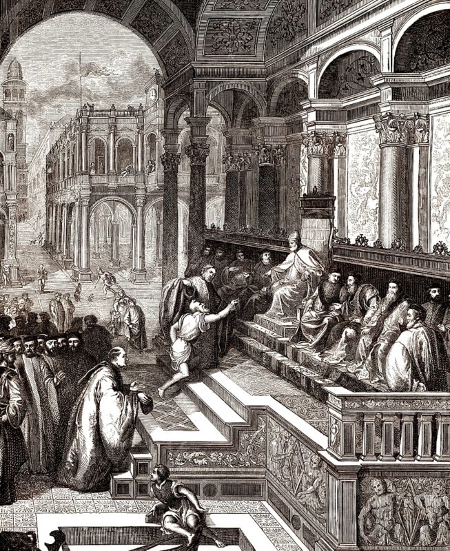 Die Legende von der Beruhigung des Meeres durch den heiligen Markus, ein Fischer bringt dem Dogen von Venedig den Ring des heiligen Markus