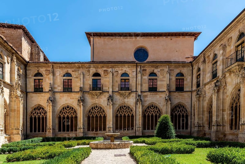 Ona, Spain, 5 August, 2020: Benedictine monastery of San Salvador de Oña in Burgos. Gothic cloister, Europe