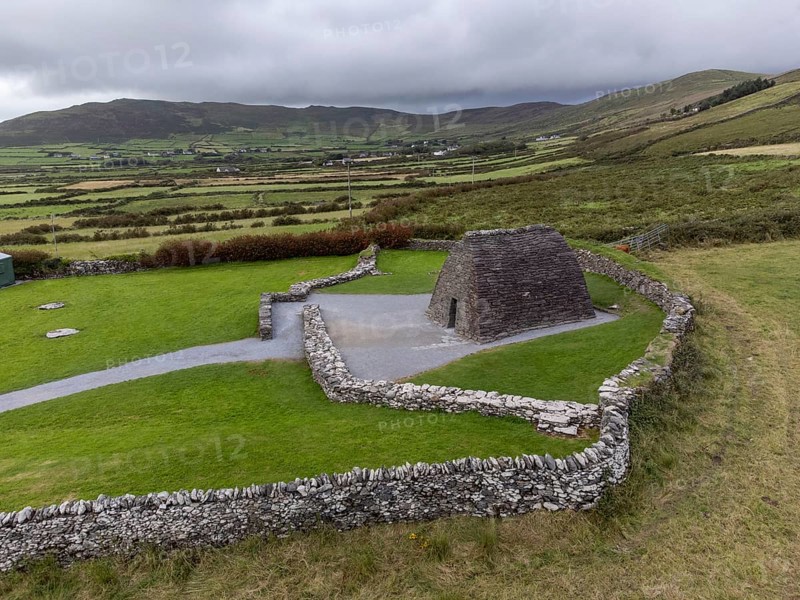 Gallarus Oratory aerial view (Séipéilín Ghallarais), early Christian church, Dingle Peninsula, County Kerry, Ireland, United Kingdom, Europe